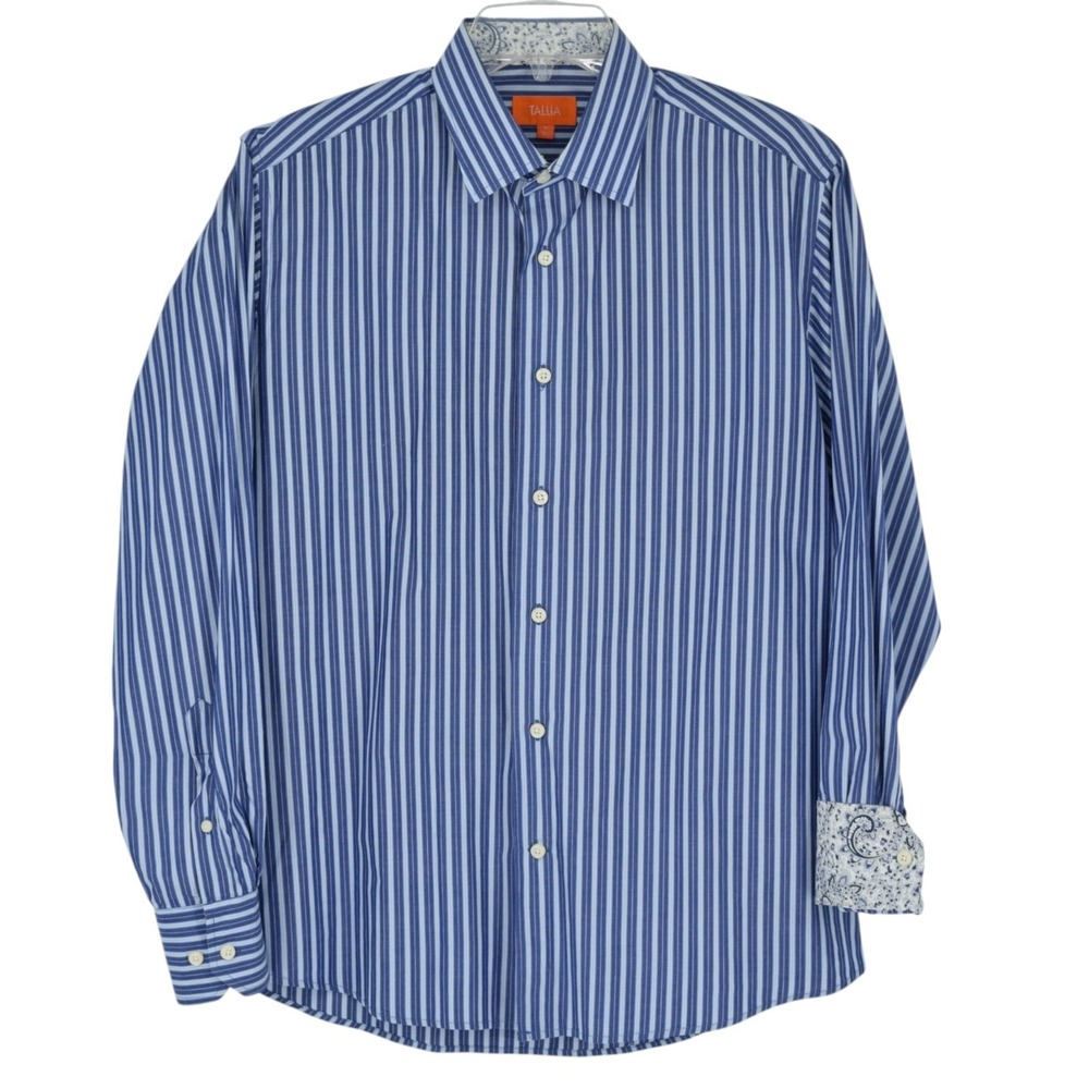 Tallia Blue Striped Slim Fit Paisley Cuffs Button-Down Shirt Men's Medium 15.5